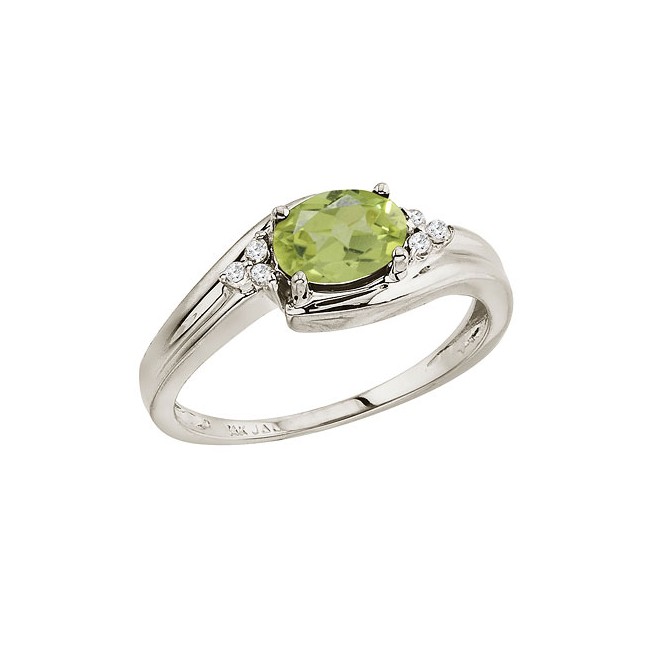 14K White Gold Oval Peridot and Diamond Side Set Ring