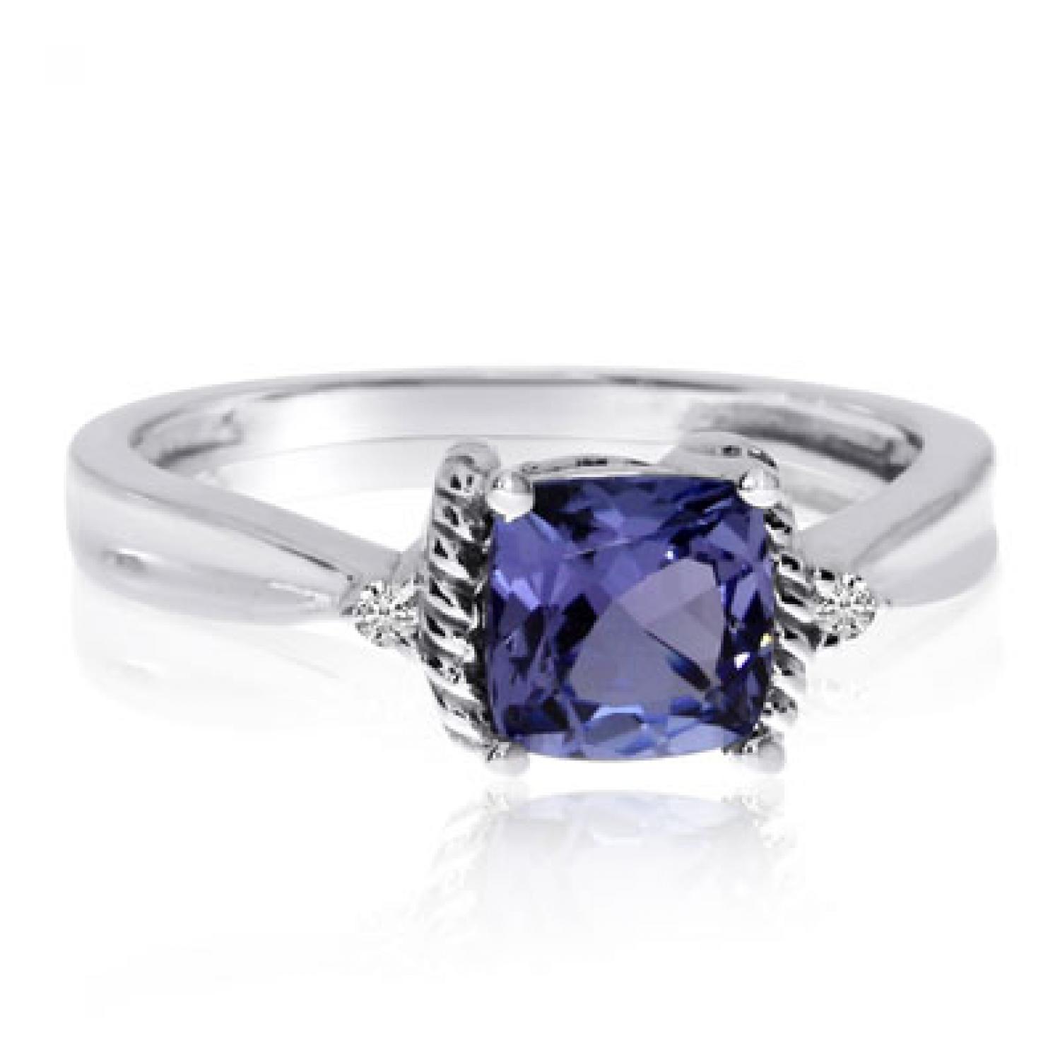 14K White Gold 6mm Cushion Tanzanite and Diamond Rope Fashion Ring