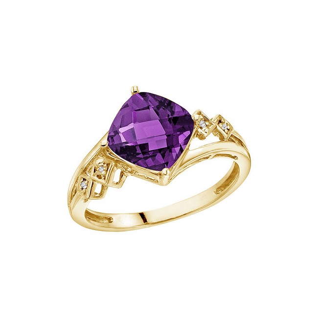 14K Yellow Gold 8 mm Cushion Amethyst and Diamond Ring