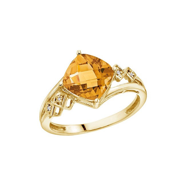 14K Yellow Gold 8 mm Cushion Citrine and Diamond Ring