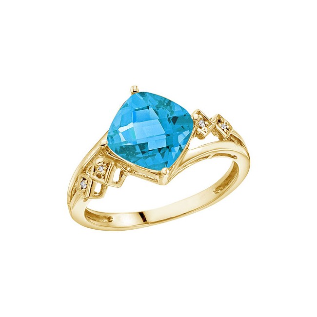 14K Yellow Gold Cushion Blue Topaz and Diamond Ring