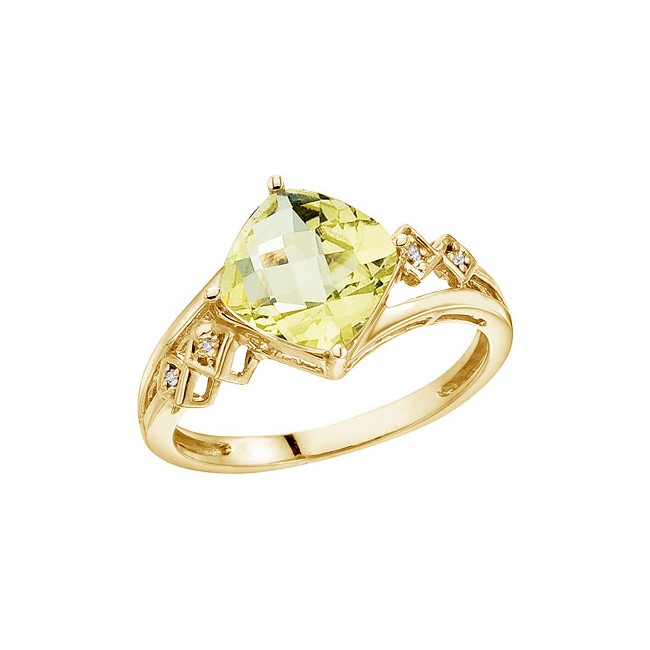 14K Yellow Gold 8 mm Cushion Lemon Quartz and Diamond Ring