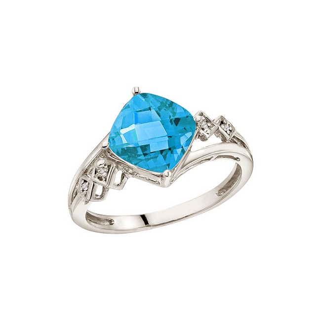 14K White Gold Cushion Blue Topaz and Diamond Ring