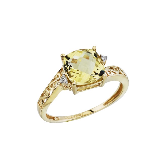 14K Yellow Lemon Quartz and Diamond Filigree Ring