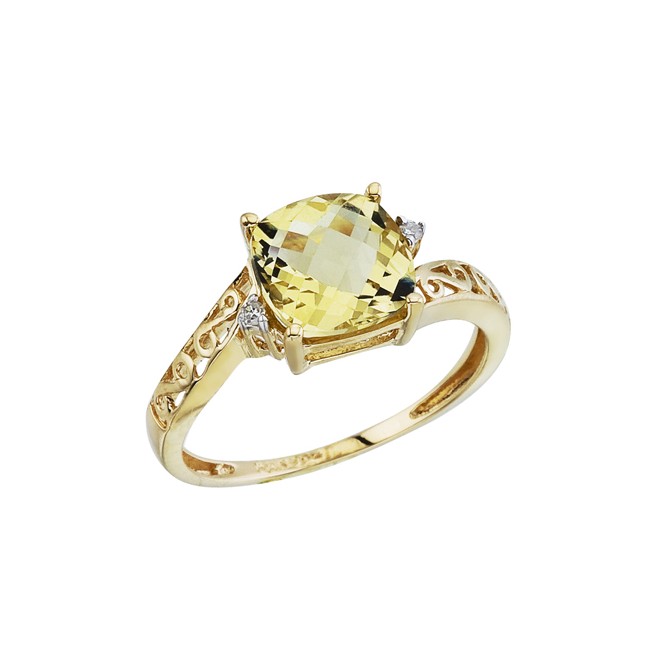 14K Yellow Lemon Quartz and Diamond Filigree Ring