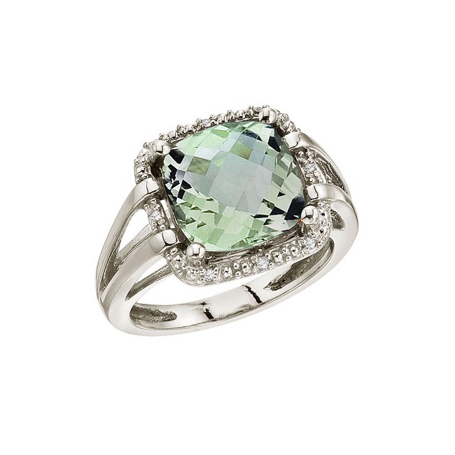 14K White Gold 10 mm Green Amethyst and Diamond Rope Ring