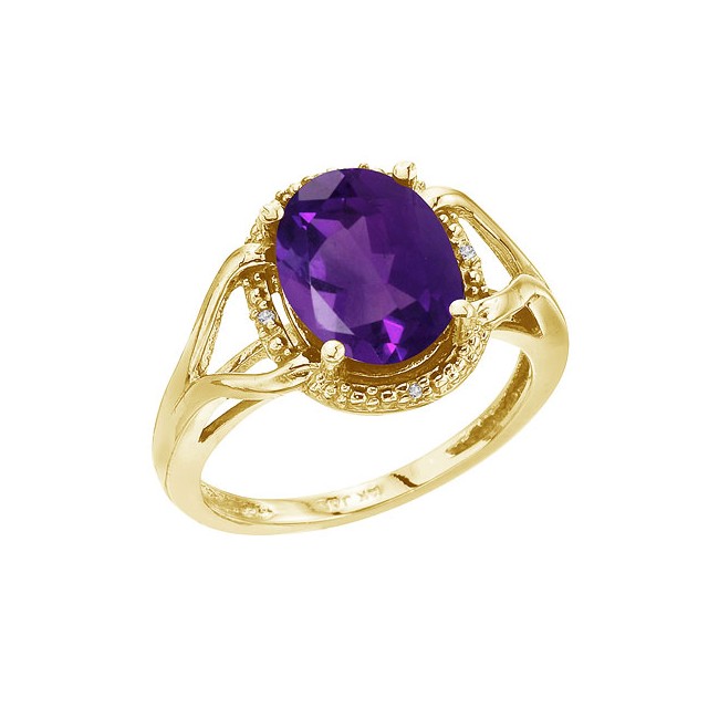 14K Yellow Gold 10x8 Oval Checkerboard Amethyst and Diamond Ring