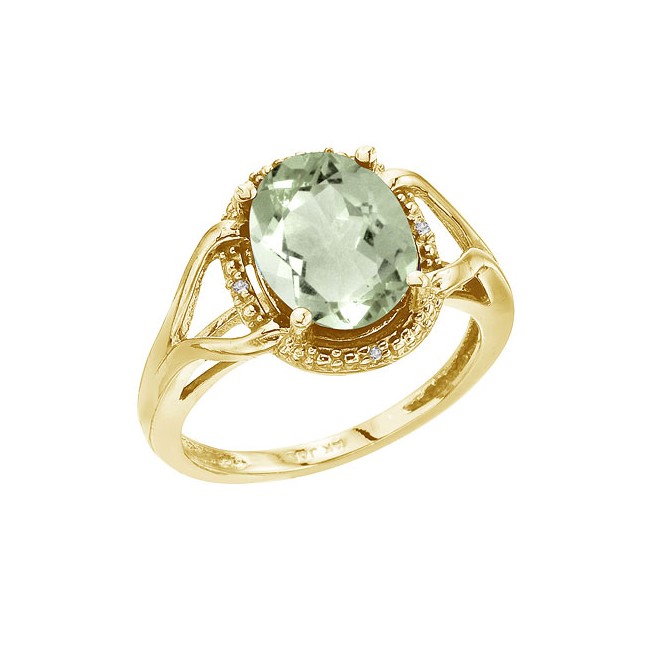 14K Yellow Gold 10x8 Oval Checkerboard Green Amethyst and Diamond Ring
