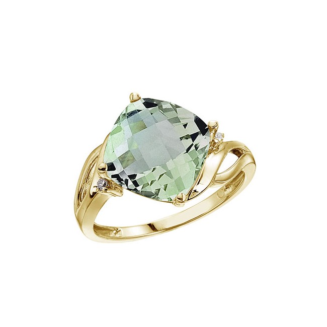 14K Yellow Gold 10 mm Cushion Green Amethyst and Diamond Ring