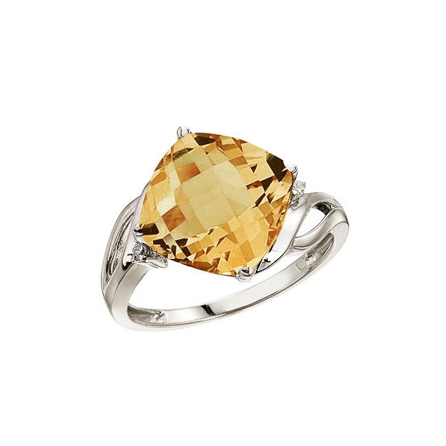 14K White Gold 10 mm Cushion Citrine and Diamond Ring