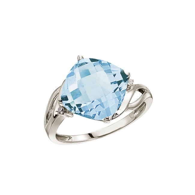 14K White Gold Blue Topaz and Diamond Cushion Ring