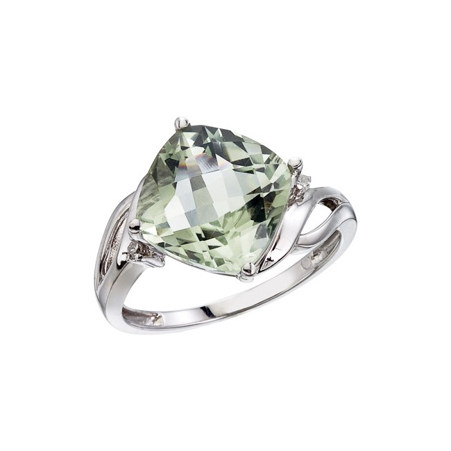 14K White Gold Green Amethyst and Diamond Cushion Ring