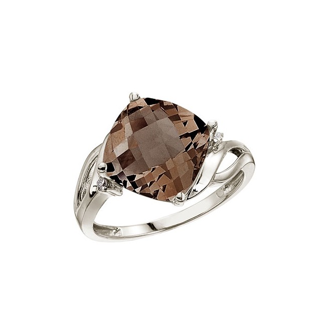 14K White Gold 10 mm Cushion Smoky Topaz and Diamond Ring