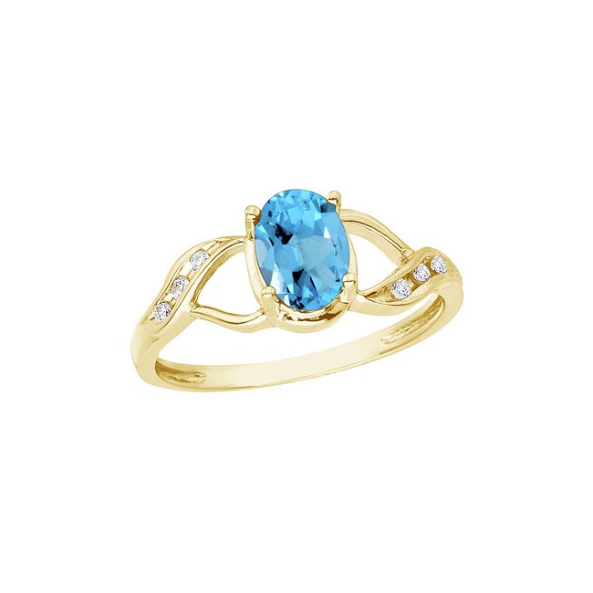 14K Yellow Gold Oval Blue Topaz and Diamond Swirl Ring