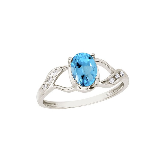 14K White Gold Oval Blue Topaz and Diamond Swirl Ring