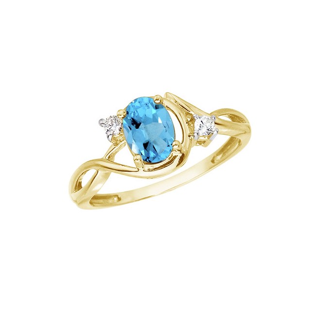 14K Yellow Gold 2 Ct Oval Blue Topaz and Diamond Bypass Ring