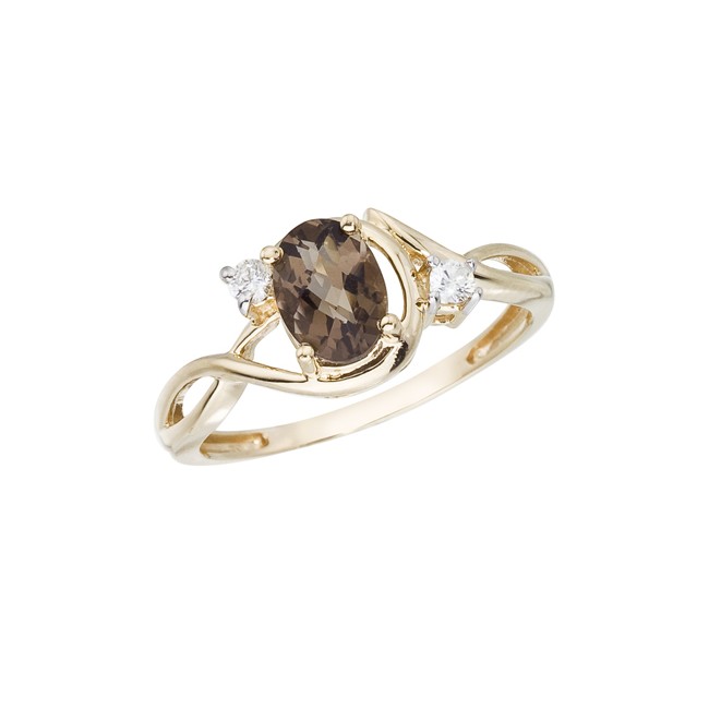 14K Yellow Gold 2 Ct Oval Smoky Topaz and Diamond Bypass Ring