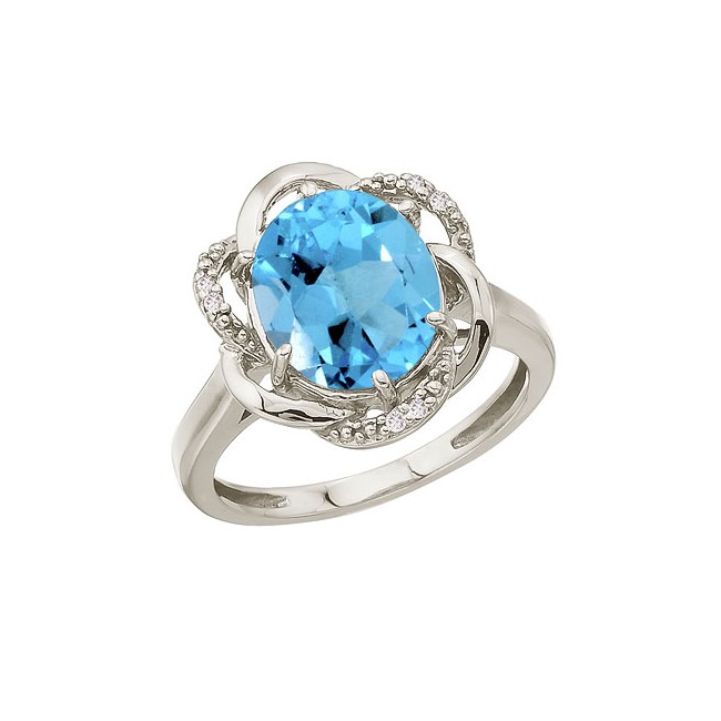 14K White Gold 11x9 Oval Blue Topaz and Diamond Swirl Ring