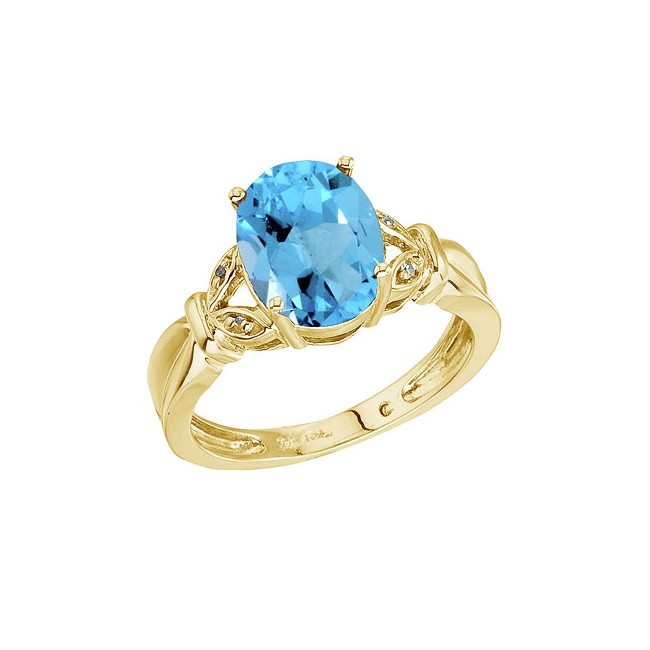 14K Yellow Gold Large Oval Blue Topaz and Diamond Ring