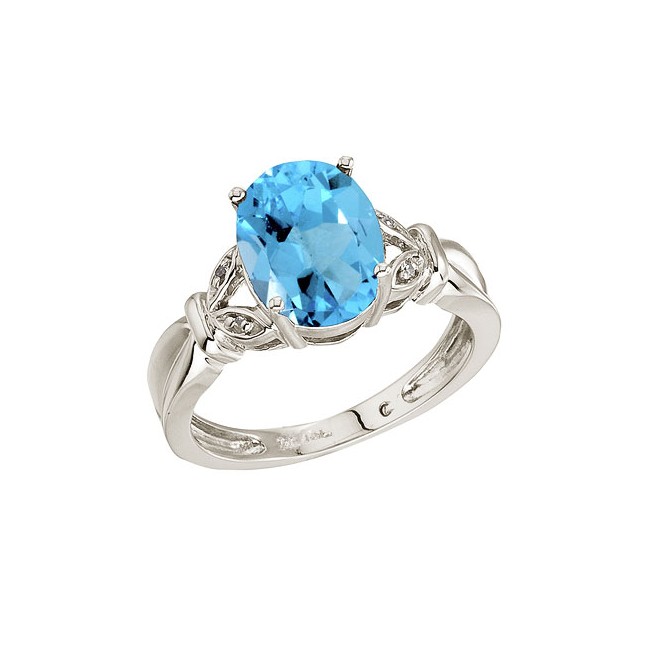 14K White Gold Large Oval Blue Topaz and Diamond Ring