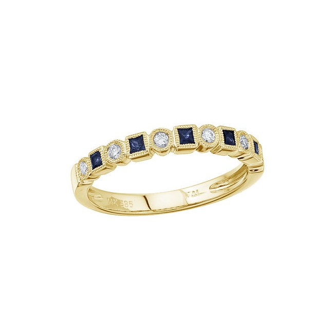 14K Yellow Gold Stackable Princess Sapphire and Diamond Band Ring