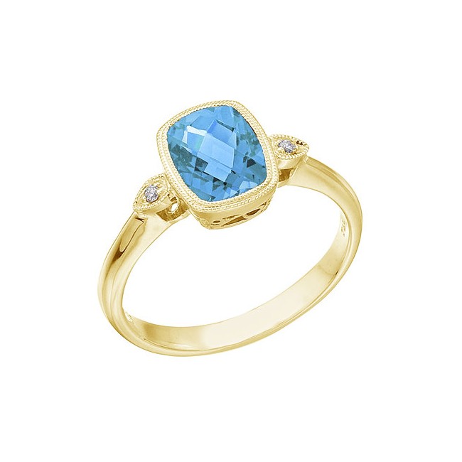14K Yellow Gold Blue Topaz and Diamond Bezel Ring