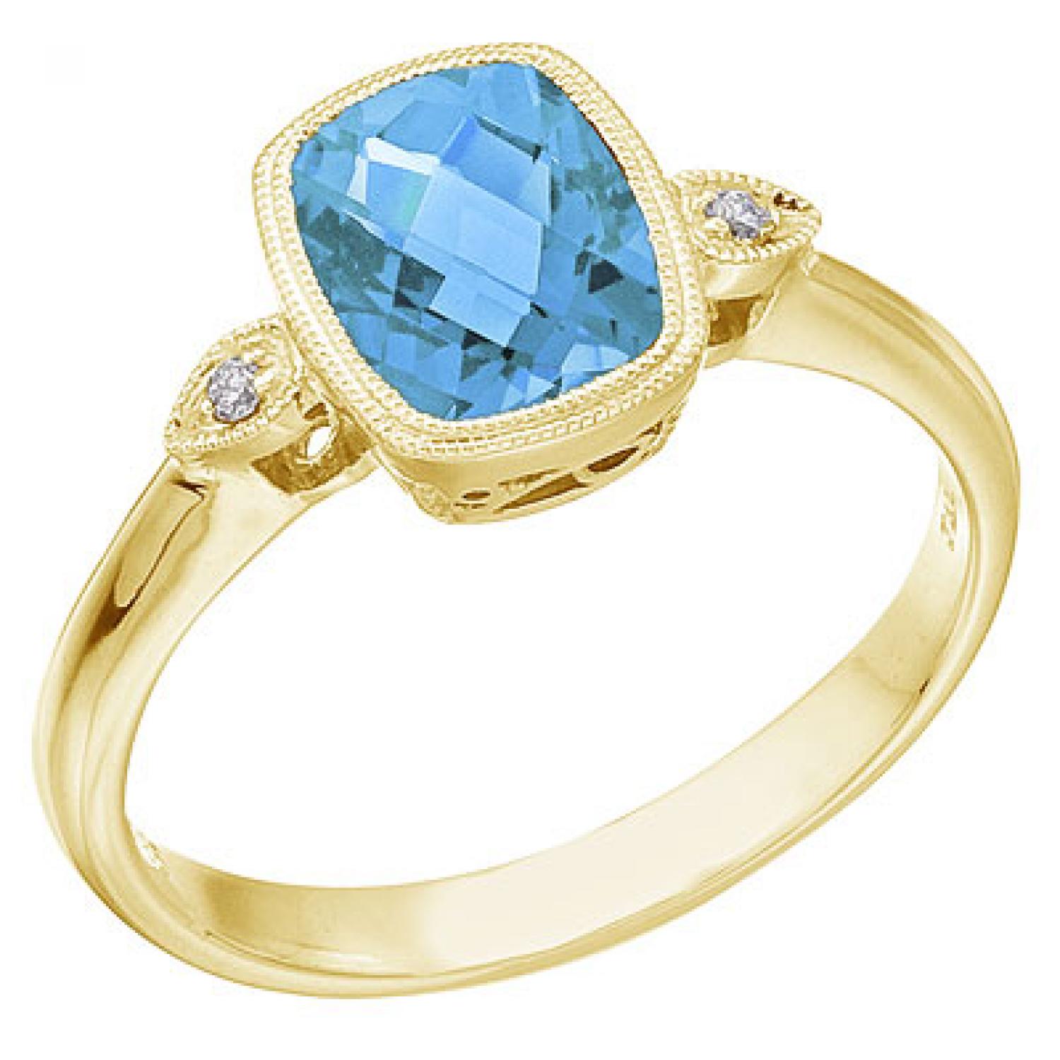 14K Yellow Gold Blue Topaz and Diamond Bezel Ring