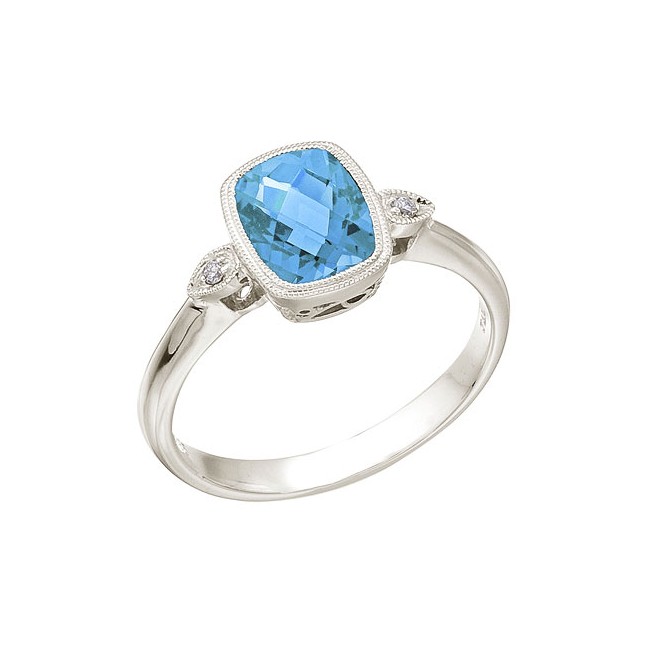 14K White Gold Blue Topaz and Diamond Bezel Ring