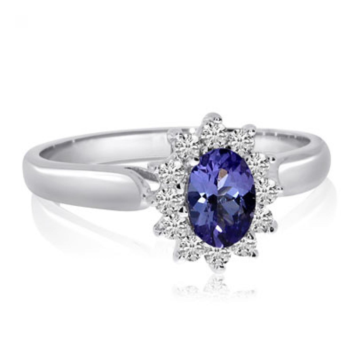 14K White Gold 6x4 Oval Tanzanite and Diamond Lady Di Fashion Ring