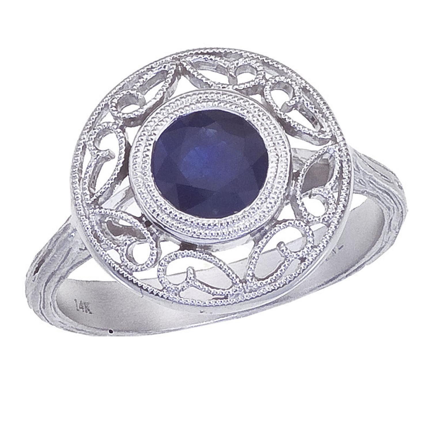 14K White Gold 1.1 Ct Sapphire Round Filigree Ring