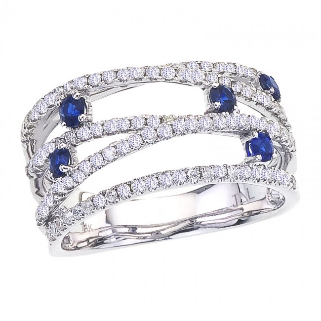 14K White Gold Sapphire and .57 Ct Diamond Bypass Wide Ring