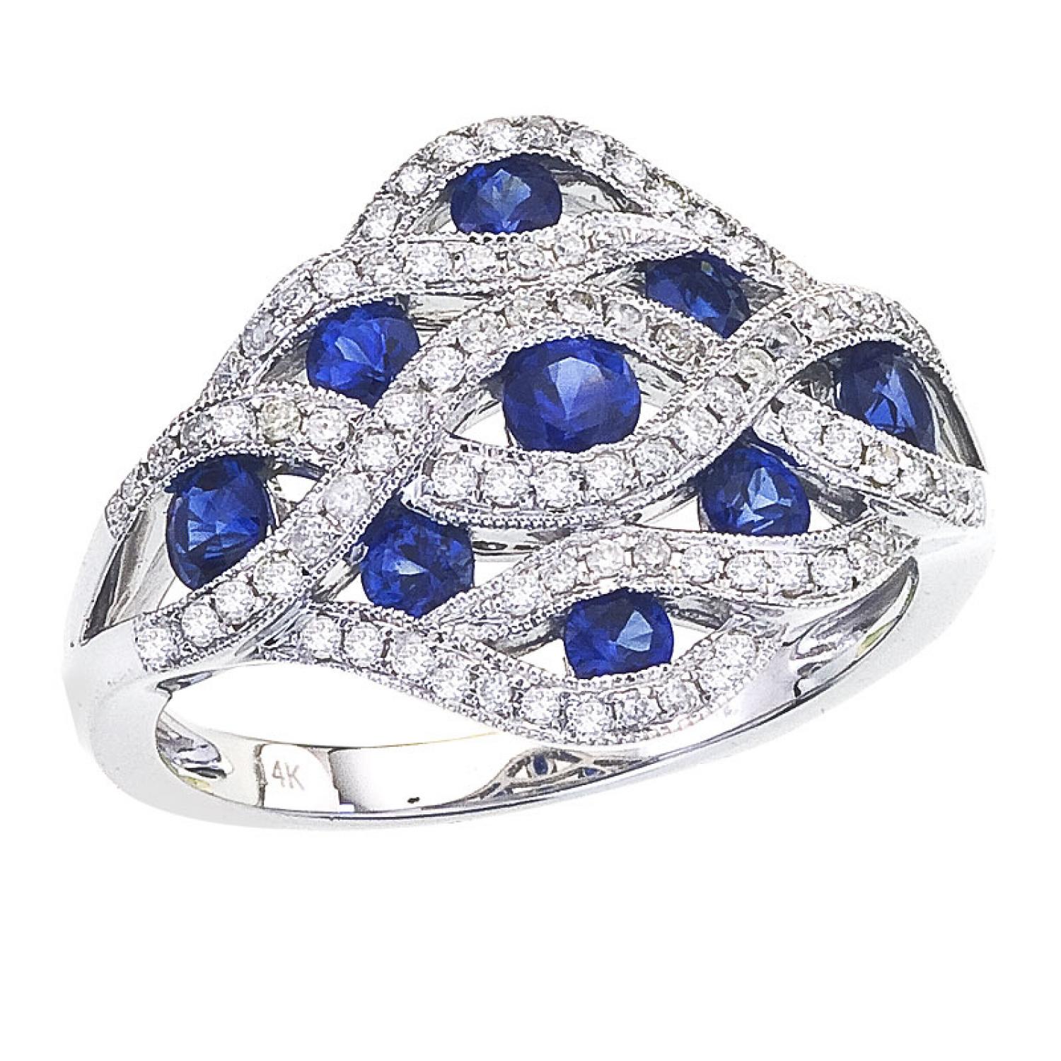 14K White Gold .93 Ct Sapphire and .28 Ct Diamond Wide Flowing Ring