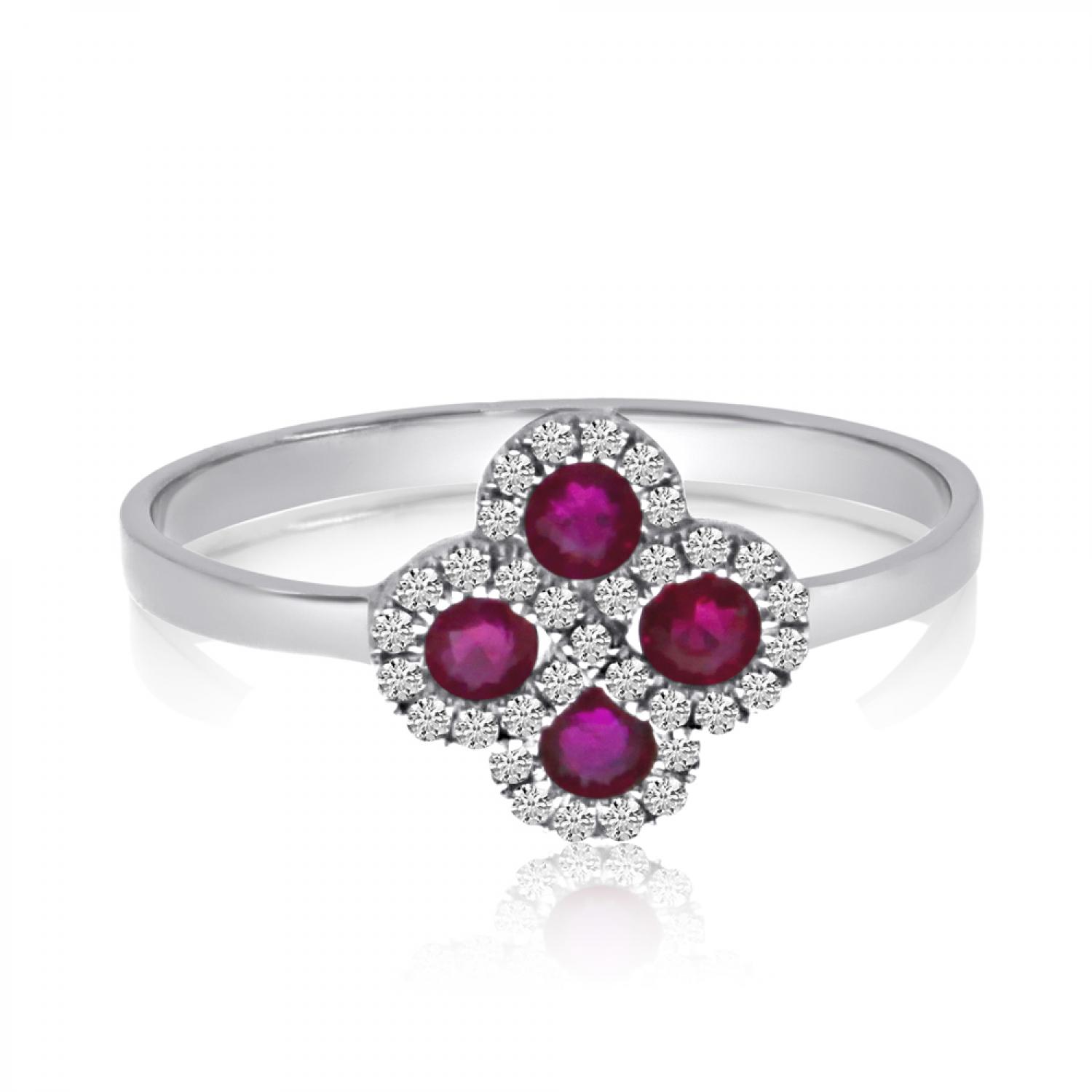 14K White Gold Ruby and Diamond Precious Clover Ring