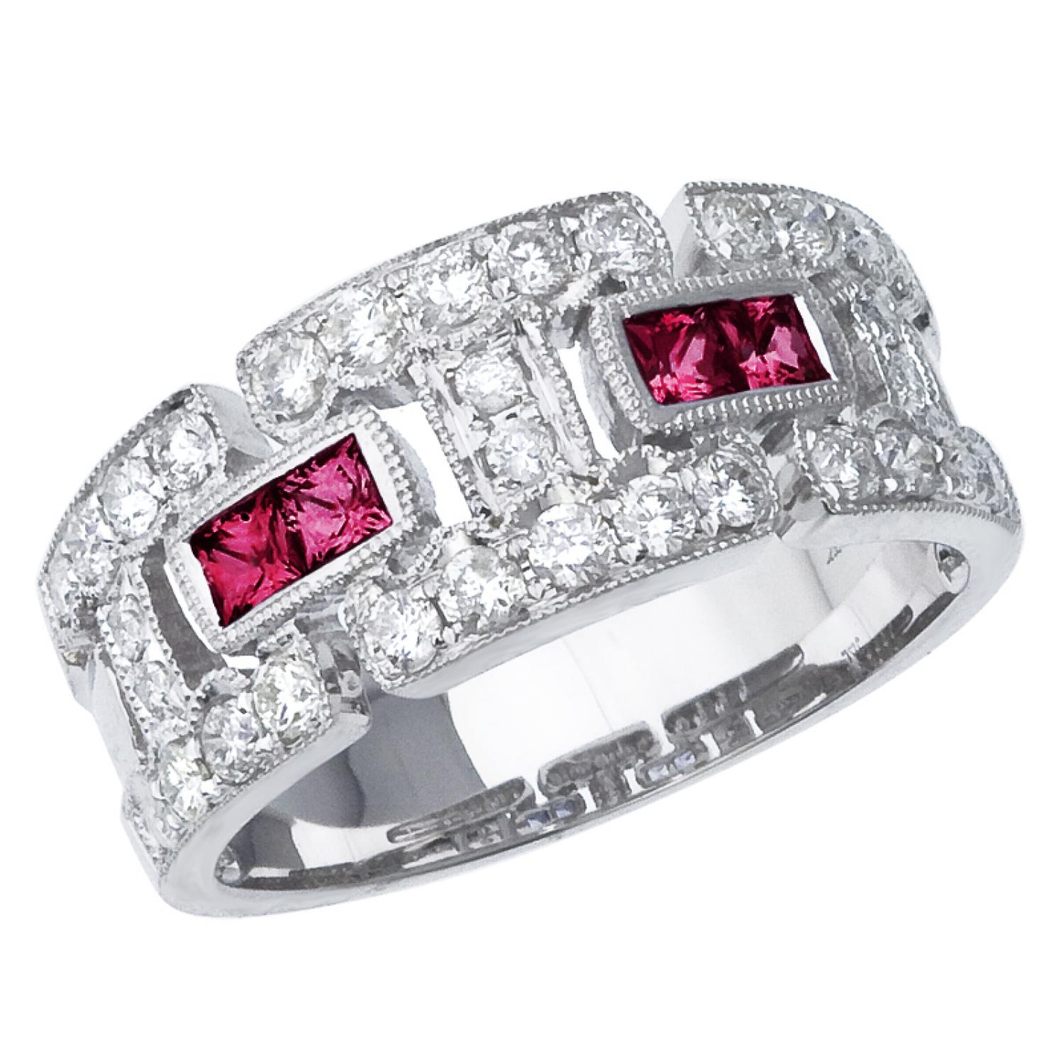 14K White Gold Princess Ruby and Diamond Geometric Fashion Band