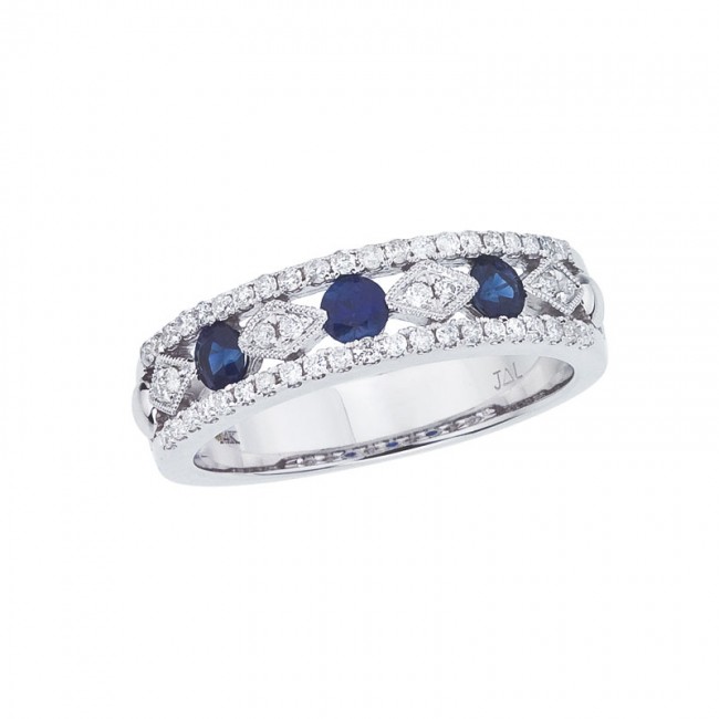 14K White Gold Precious Round Sapphire and Diamond Ring Band