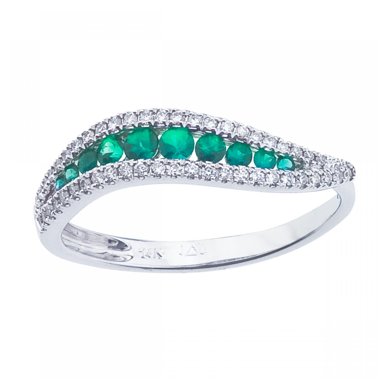 14K White Gold Emerald and Diamond Precious Wave Fashion Ring