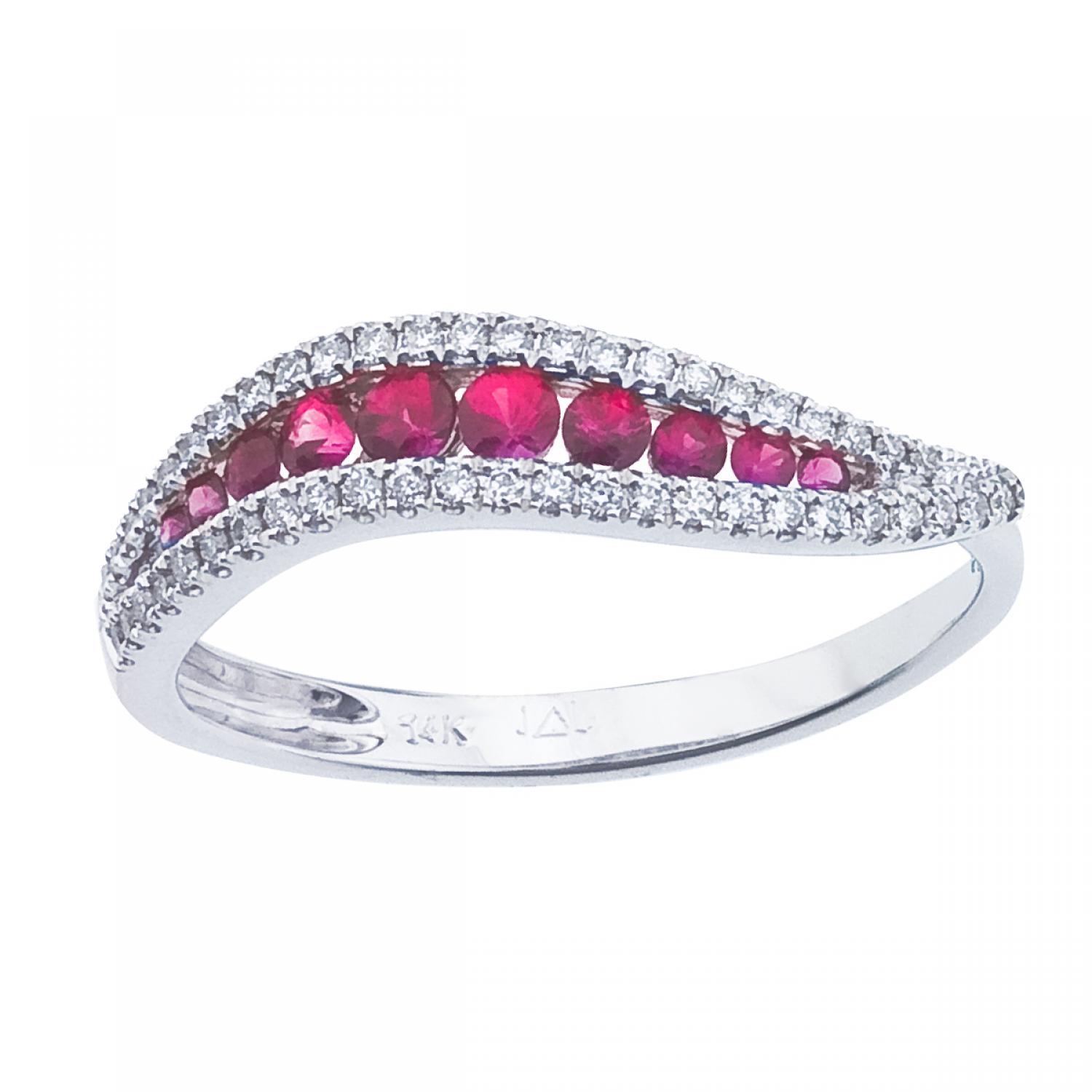 14K White Gold Ruby and Diamond Precious Wave Fashion Ring