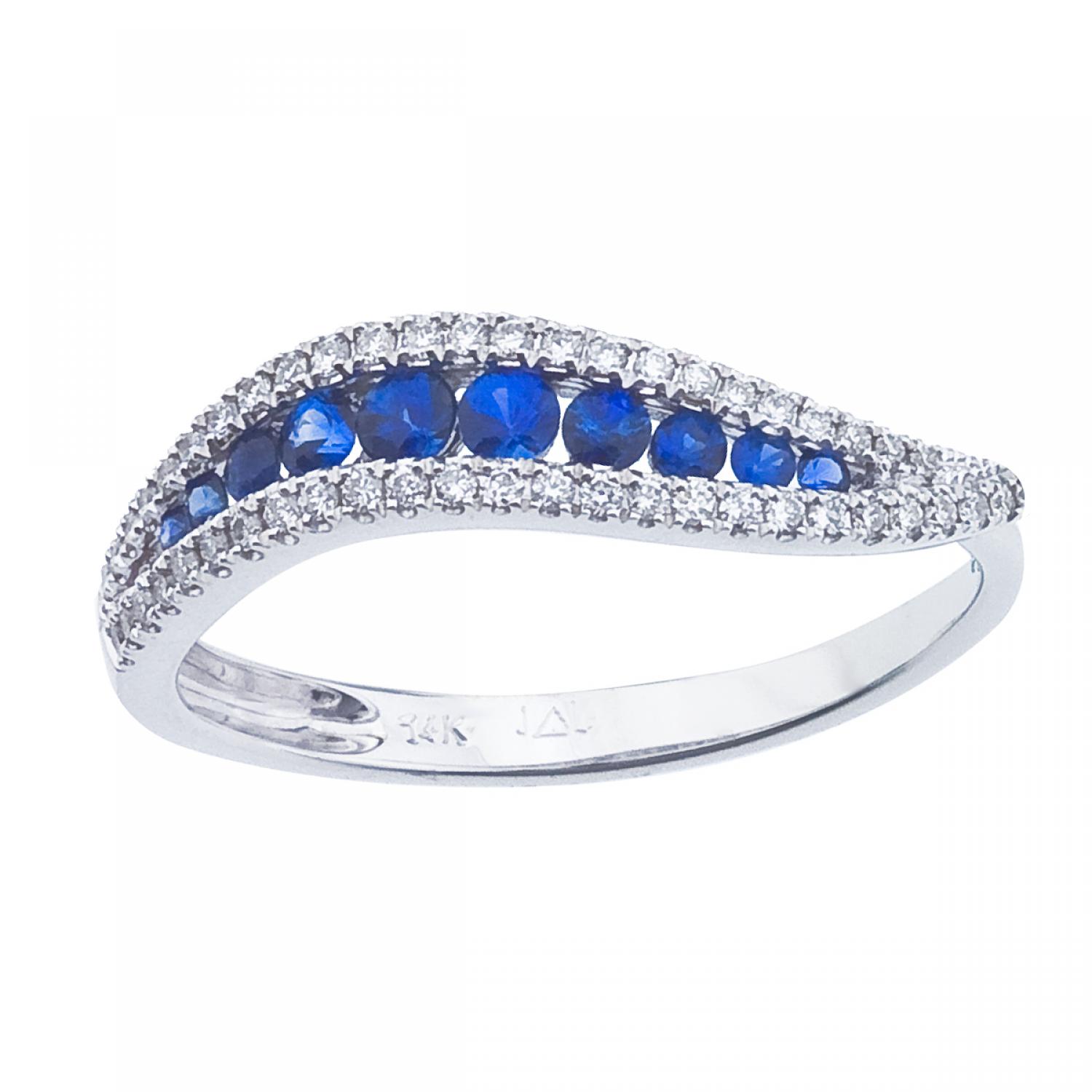 14K White Gold Precious Round Sapphire and Diamond Wave Fashion Ring