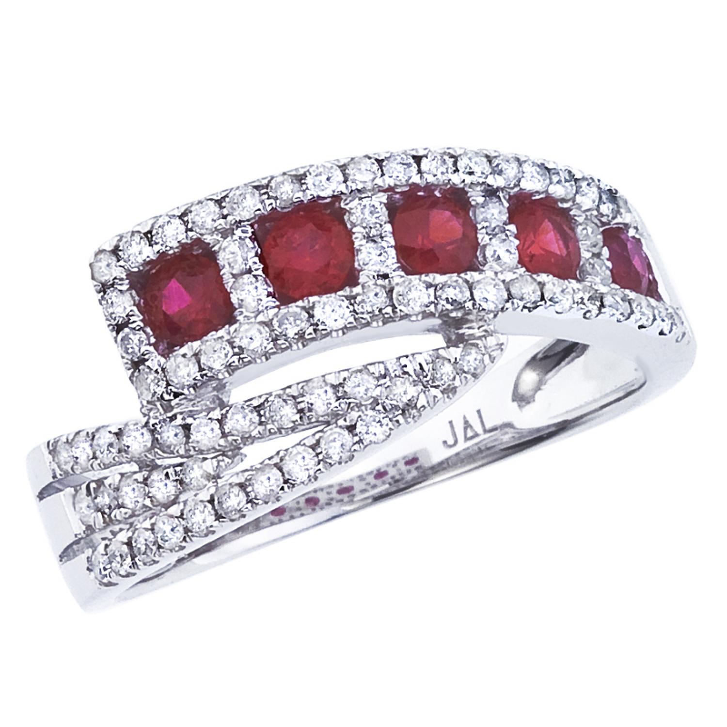 14K White Gold Princess Ruby and Diamond Precious Bypass Fashion Ring