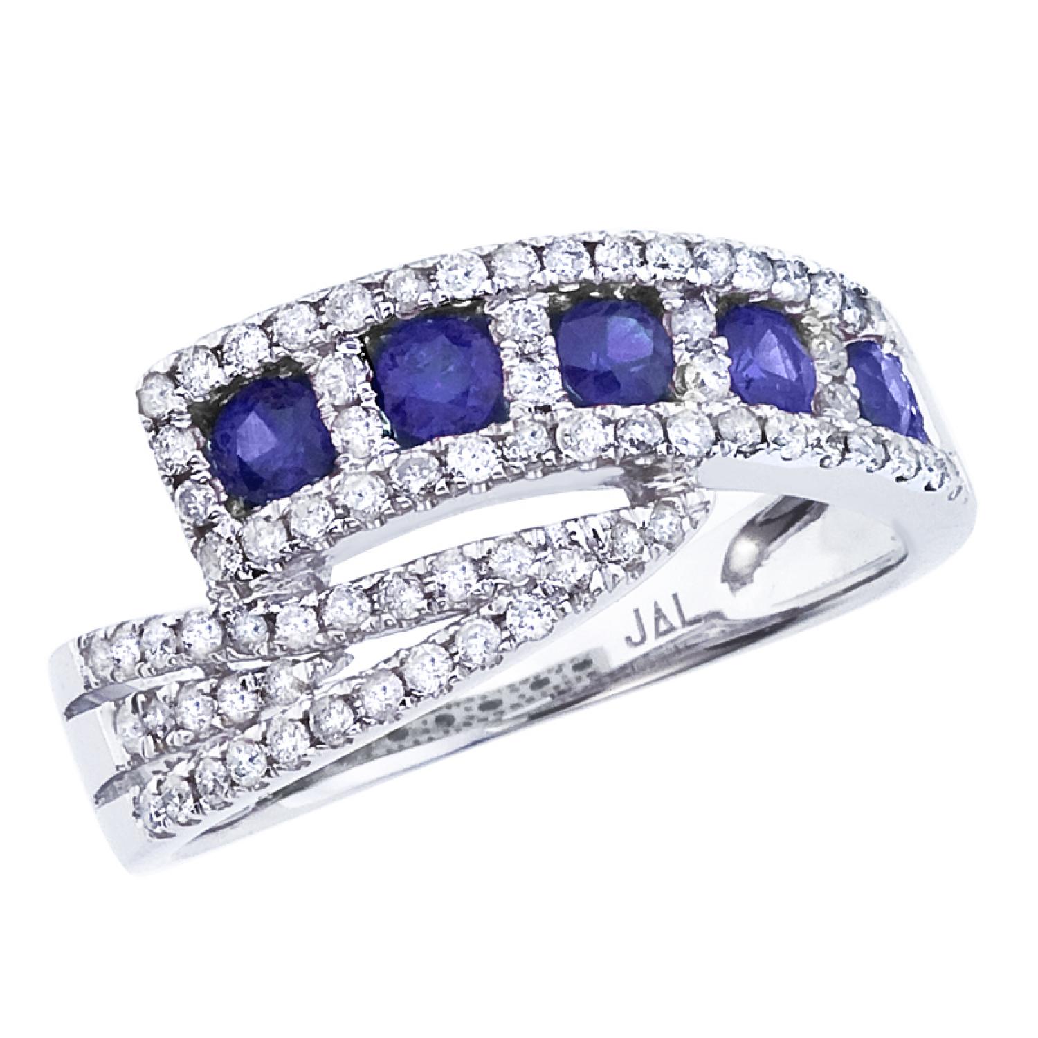 14K White Gold Princess Sapphire and Diamond Precious Bypass Fashion Ring