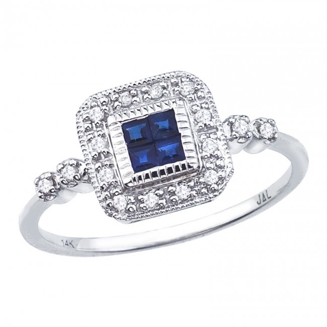 14K White Gold Precious Princess Sapphire and Diamond Square Fashion Ring
