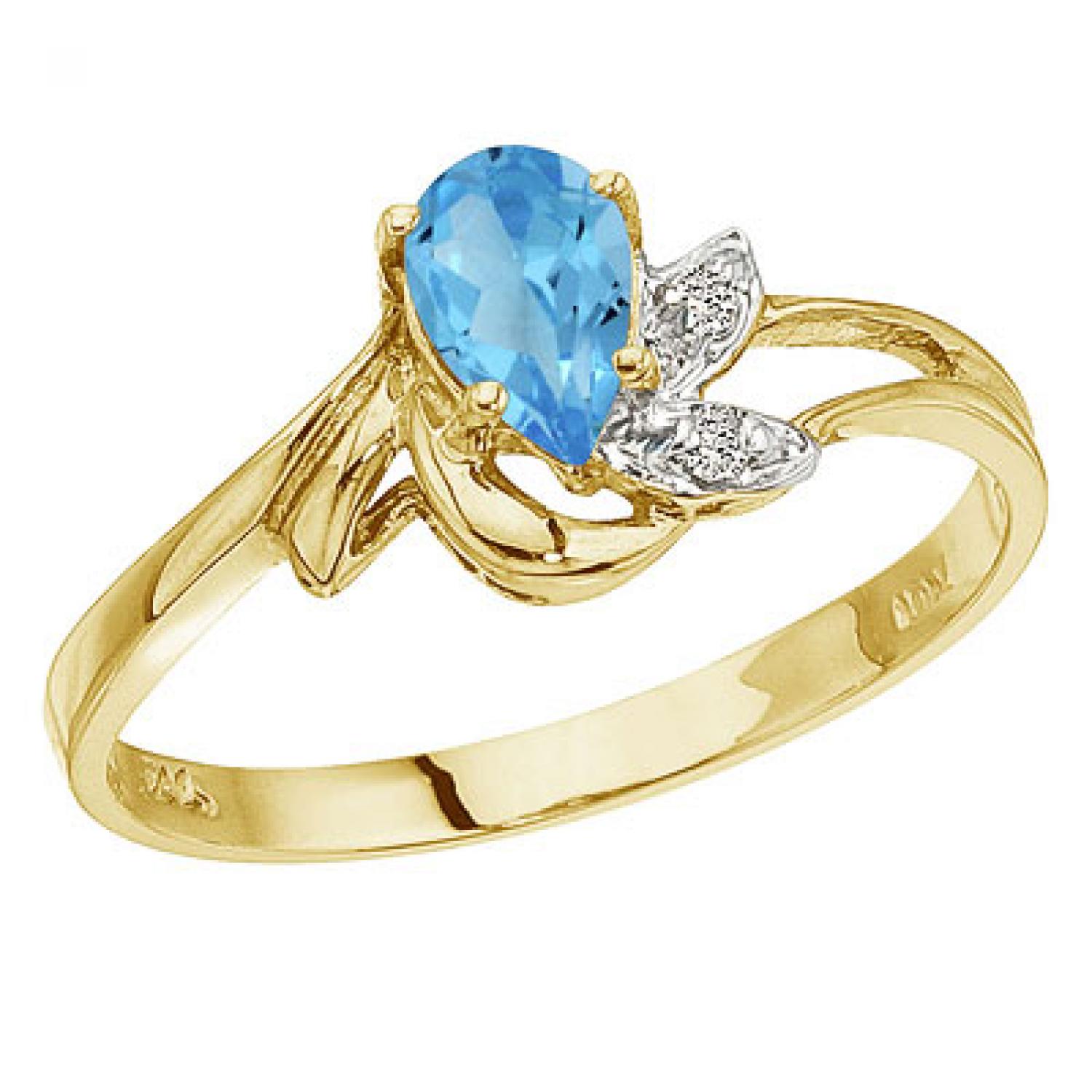 10K Yellow Gold Pear Blue Topaz and Diamond Leaf Birthstone Ring