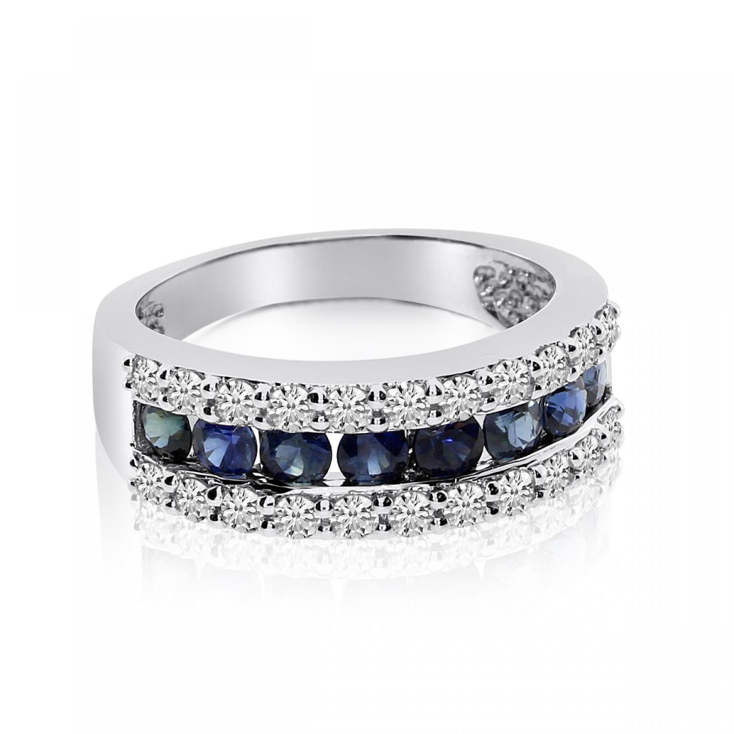 14k White Gold Wide Precious Sapphire and Diamond Band