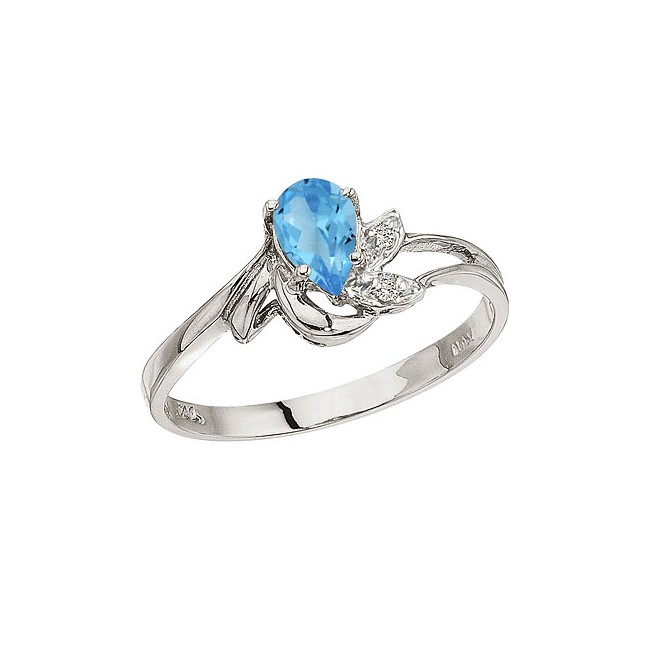 10K White Gold Pear Blue Topaz and Diamond Leaf Birthstone Ring