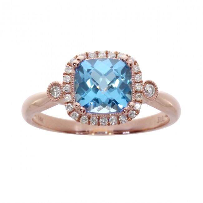 14K Rose Gold 7mm Cushion Blue Topaz and .16 Ct Diamond Fashion Ring