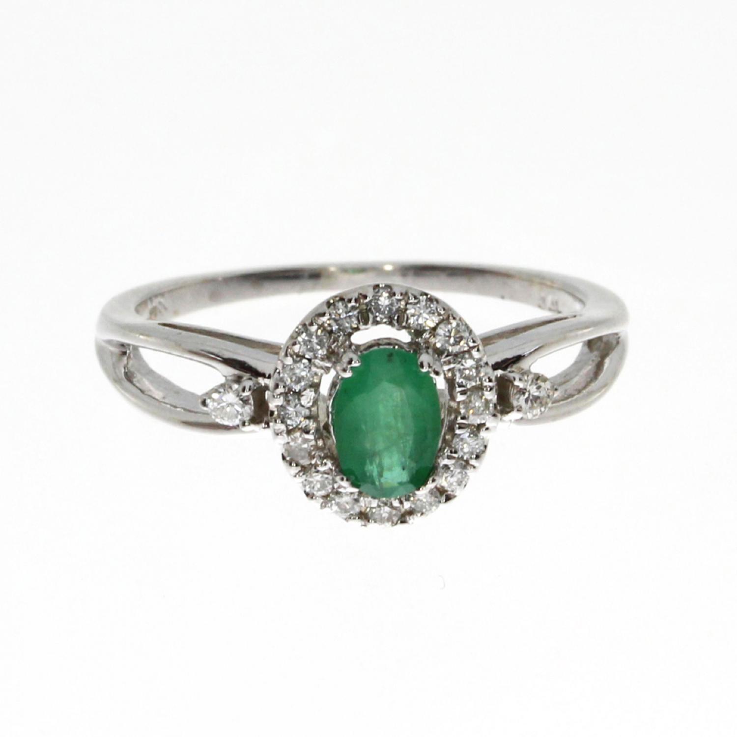 14K White Gold 6x4 mm Oval Emerald and Diamond Halo Precious Ring