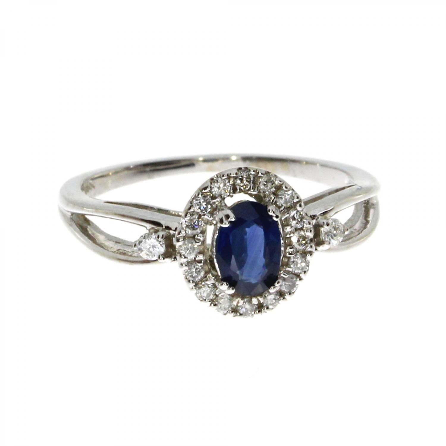14K White Gold 6x4 mm Oval Sapphire and Diamond Halo Precious Ring