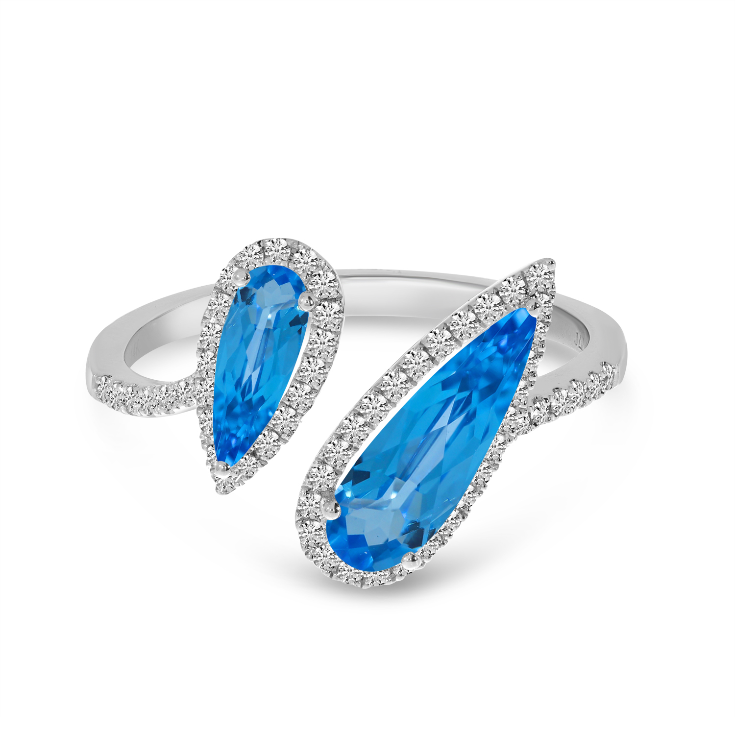 14K White Gold Offset Duo Semi Precious Pear Blue Topaz & Diamond Ring