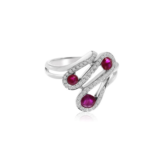 14K White Gold Round Ruby and Diamond Wave Precious Fashion Ring