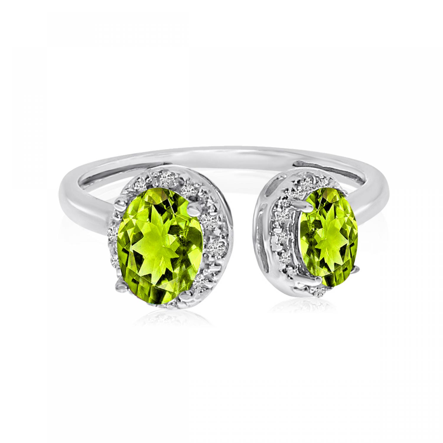 10K White Gold Offset Double Oval Peridot Semi Precious and Diamond Fashion Ring